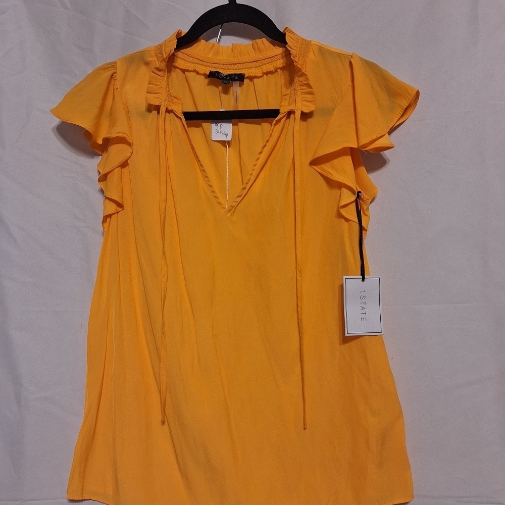 1. State orangish yellow ruffled cap sleeve vneck top Sz XS NWT